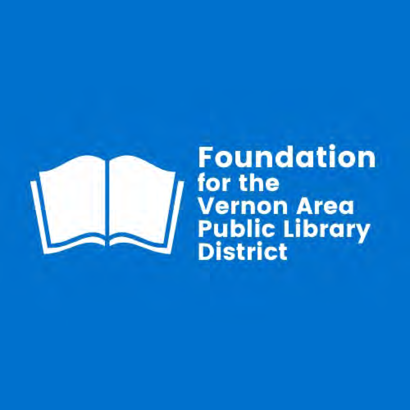 Logo of the Foundation for the Vernon Area Public Library District, consisting of a white book icon and text against a bright blue background