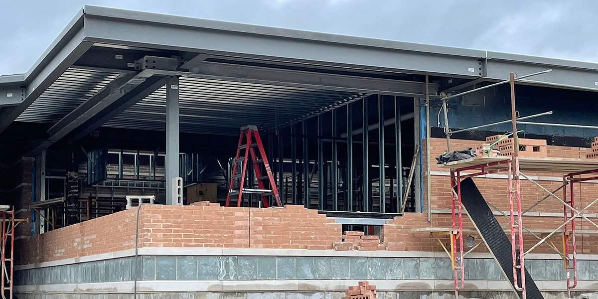 April 9, 2021, photo showing brick walls being erected at Vernon Area Public Library