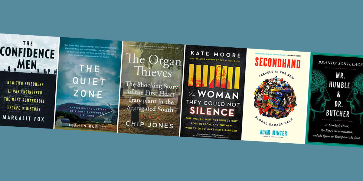Covers of six nonfiction books including The Confidence Men and The Quiet Zone