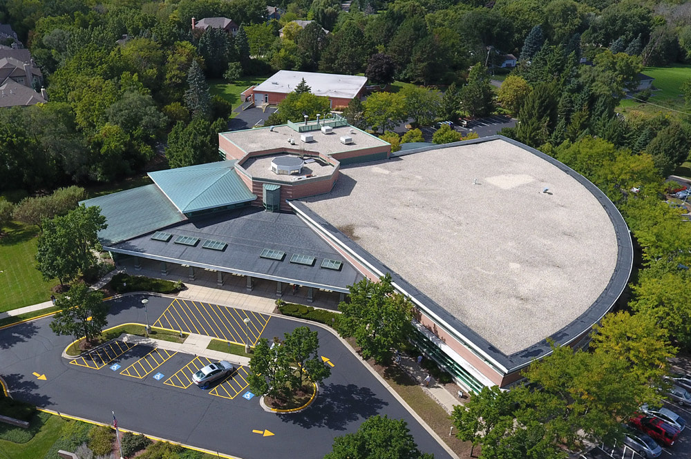 Aerial view of the main building of the library, in summertime.