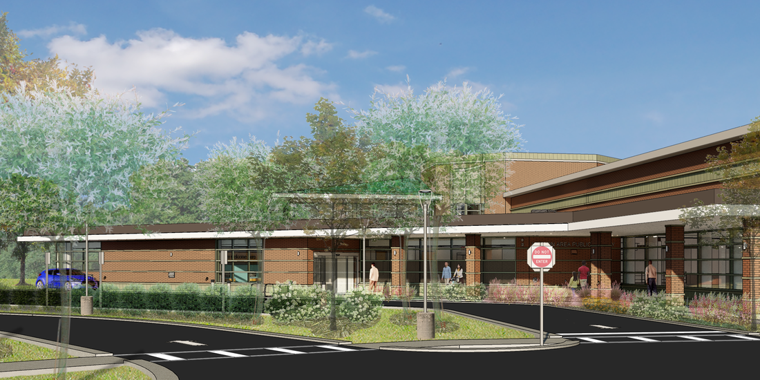 Architect's rendering of the new front of the library. 