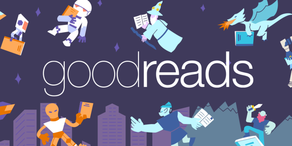 goodreads logo and illustration of various ficticious figures (such as a witch, a monster, a dragon) with books