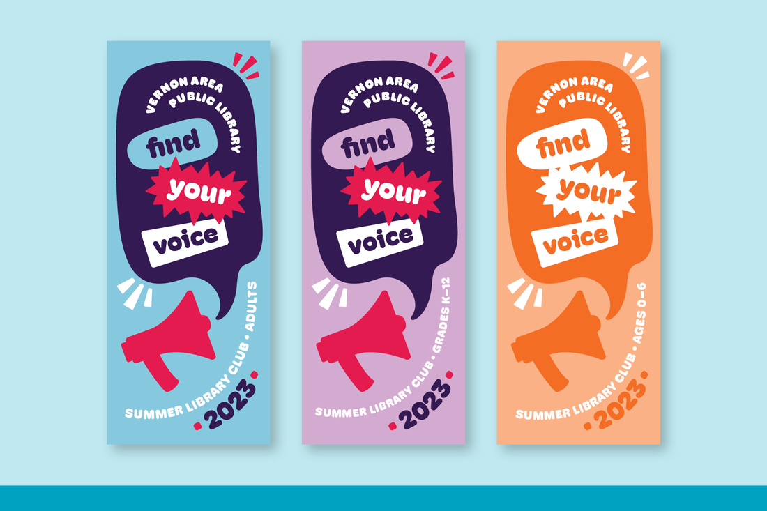 image of all 3 Summer Library Club tracking cards: adult, youth, and early learning. They are sherbet colors and feature a megaphone and speech bubble. The theme is 