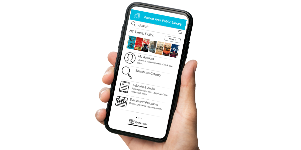 Hand holding a smartphone, upon which the library app is displayed
