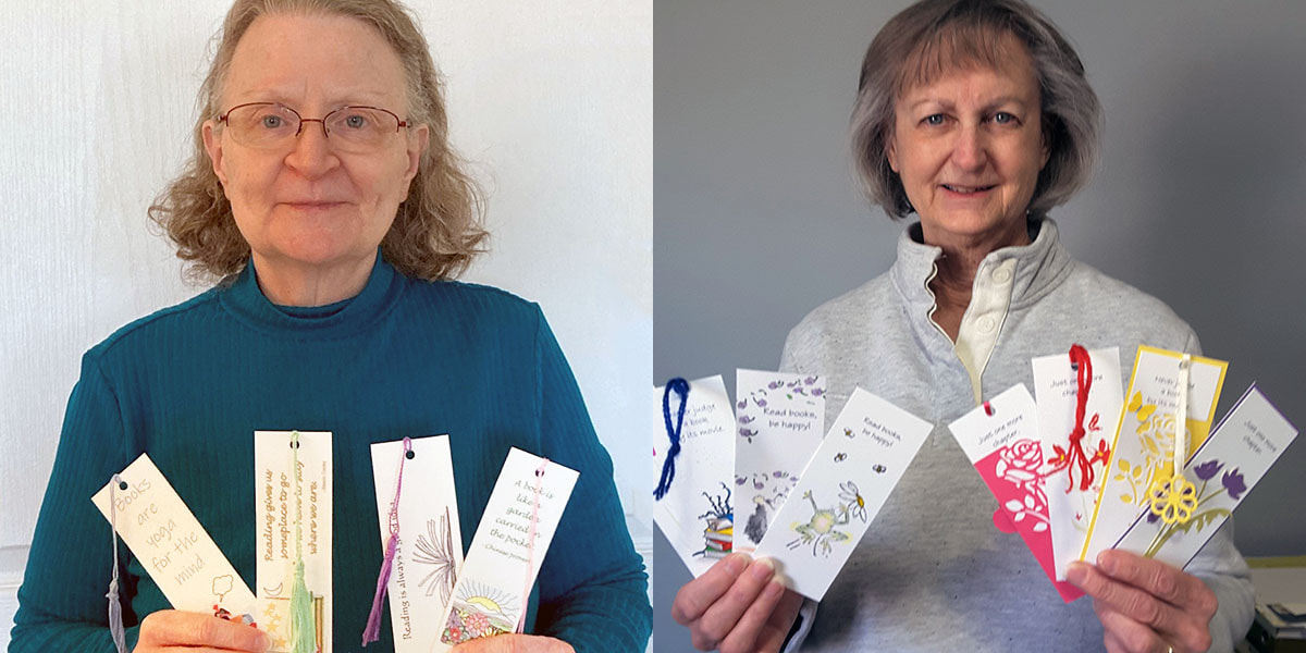 Photos of 2 volunteers holding bookmarks that they made