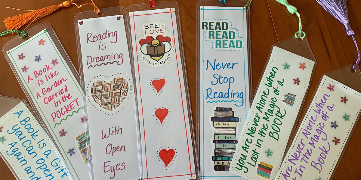 Photo of 7 bookmarks made by a volunteer
