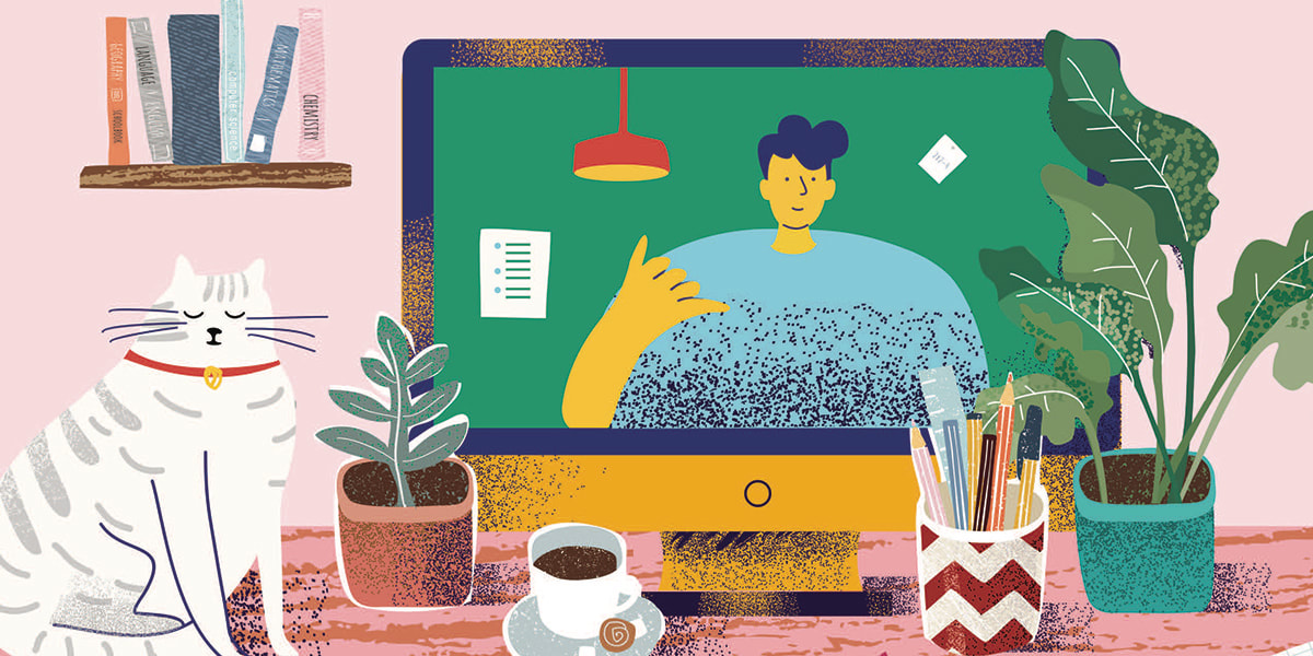 Illustration of a young person on video on a computer monitor.  On the desk in front of the monitor is a car, a plant, a cup of tea and a pencil cup.